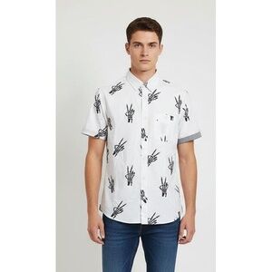 Free Planet White Skeleton Hand Peace Sign Button Down Casual Shirt Size Large